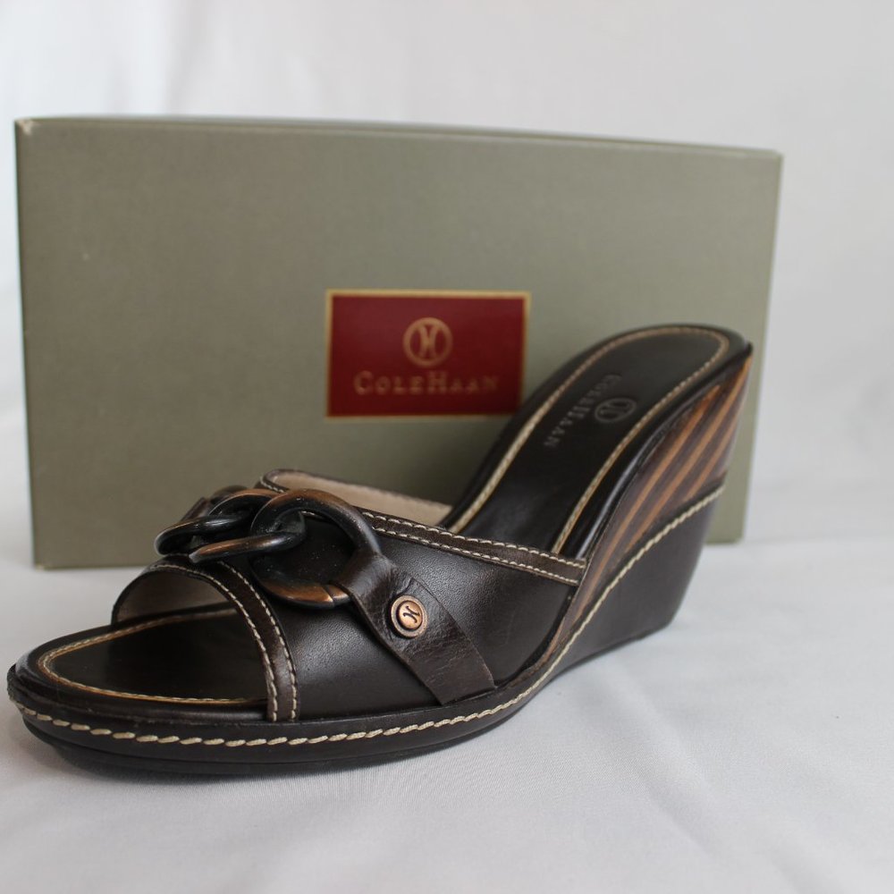 Cole Haan Kina Leather Sandal Slides - Elegant Brown Wedge - Picture 4 of 5